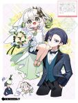  1boy 1girl absurdres alternate_costume anger_vein anklet arm_at_side arm_up arms_up asymmetrical_bangs black_bow black_bowtie black_hair black_jacket black_pants black_sleeves blue_vest blunt_ends bouquet bouquet_toss bow bowtie braid bridal_veil bride bright_pupils choppy_bangs closed_mouth colored_tips commentary_request contemporary cosplay cropped_legs cropped_torso cross-shaped_pupils detached_sleeves dress dress_shirt eyelashes eyeliner falling_petals flat_chest floral_background flower flower_ornament formal_clothes genshin_impact gold_anklet gold_shoes gradient_hair green_dress green_eyes green_hair green_veil groom hair_between_eyes hair_ornament half_crown_braid hand_in_pocket hand_on_another's_head highres holding holding_bouquet husband_and_wife jacket jewelry lapels leaf leaf_hair_ornament long_sleeves looking_at_viewer makeup marshmallow_(site) medium_hair multicolored_hair nahida_(genshin_impact) o_o oishii_sasa open_clothes open_jacket open_mouth pants petals pink_flower pink_petals pointy_ears puff_of_air purple_eyes purple_pupils red_eyeliner request_inset scaramouche_(genshin_impact) shirt shoes showgirl_skirt side_ponytail sidelocks sitting_on_arm suit_jacket suit_pants swept_bangs symbol-shaped_pupils tareme throwing translation_request triangle_mouth two-sided_dress two-sided_fabric two-sided_veil undershirt veil vest wanderer_(genshin_impact) wedding wedding_dress white_dress white_flower white_hair white_pupils white_shirt white_sleeves white_veil yellow_flower 