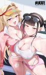  2girls absurdres black_choker black_hair blonde_hair breasts buruma choker clay_(cheer_up_training)_(nikke) clay_(nikke) cleavage commentary copyright_logo eyewear_on_head goddess_of_victory:_nikke hair_intakes highres jacket large_breasts logo long_hair looking_at_viewer midriff multiple_girls navel official_alternate_costume open_mouth pants panty_straps pink_buruma pink_eyes pink_jacket pink_pants revision short_hair smile sora_(nikke) sora_(spring_flight)_(nikke) sports_bra sportswear sunglasses sweat twintails very_long_hair visor_cap white_sports_bra yoga_pants zdj 