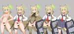  1girl :o ainagi alternate_halo animal_ear_fluff animal_ears ass_visible_through_thighs bandaid bandaid_on_knee bandaid_on_leg bar_censor blonde_hair blue_archive blue_sailor_collar blue_skirt blush breasts brown_gloves brown_leotard censored choker closed_mouth collarbone corruption covered_navel elbow_gloves fox_ears fox_girl fox_tail gloves green_eyes green_gloves green_halo grey_background grey_sailor_collar grey_skirt grin gun h&amp;k_ump hair_between_eyes halo hands_on_own_hips highleg highleg_leotard holster holstered kaiser_pmc_(blue_archive) kurumi_(blue_archive) leg_tattoo leotard long_hair long_sleeves looking_at_viewer maebari magazine_(weapon) multiple_views navel neckerchief necktie nipples nude octopus_tattoo open_mouth pasties pleated_skirt pubic_tattoo pussy red_neckerchief red_necktie sailor_collar sailor_shirt school_uniform serafuku shield shirt shotgun sidelocks simple_background skirt small_breasts smile standing submachine_gun surprised tail tattoo thigh_holster thigh_strap thighhighs triangle_halo variant_set variations very_long_hair weapon white_shirt 