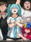  2026_fifa_world_cup 2boys 2girls argentina argentinian_miku argentinian_national_soccer_team_uniform artist_name blue_eyes blue_hair diego_maradona drill_hair english_commentary hands_on_another's_stomach hatsune_miku jk_arts kasane_teto long_hair looking_up multiple_boys multiple_girls open_mouth parody patreon_username red_eyes red_hair shorts soccer_uniform sportswear teeth twintails unamused upper_teeth_only utau venezuela very_long_hair visor_cap vocaloid world_cup x_arms 