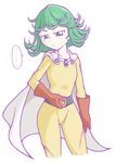  1girl belt belt_buckle buckle cape cosplay flat_chest gloves green_eyes green_hair one-punch_man red_gloves saitama_(one-punch_man) saitama_(one-punch_man)_(cosplay) simple_background solo speech_bubble spoken_ellipsis superhero tatsumaki uranoyoru white_background white_cape 