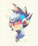  1boy assault_visor blue_helmet brown_eyes brown_hair closed_mouth commentary cropped_head em_wave_change_(mega_man) geo_stelar_(mega_man) hashibi_rokou helmet looking_up male_focus medium_hair mega_man_(series) mega_man_star_force_(series) signature solo spiked_hair star_force_mega_man upper_body 