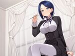  1girl black_jacket blue_ribbon blush breasts butler center_frills closed_mouth curtains female_butler frills highres holding indoors jacket large_breasts long_sleeves looking_at_viewer mimikaki monobe_tsukuri neck_ribbon original pantyhose parted_bangs ribbon shirt short_hair sitting solo voice_drama_available white_pantyhose white_shirt 