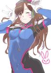  ;3 armor bad_id bad_twitter_id bangs bodysuit breasts brown_eyes brown_hair bunny_pose covered_navel d.va_(overwatch) facepaint facial_mark gloves hands_up headphones high_collar hrk173 long_hair looking_at_viewer medium_breasts one_eye_closed overwatch pilot_suit shoulder_pads simple_background smile solo turtleneck upper_body whisker_markings white_background white_gloves 