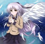  angel_beats! bad_id bad_pixiv_id black_skirt feathers green_eyes hands_together long_hair looking_at_viewer lowres pleated_skirt qingchen_(694757286) school_uniform signature silver_hair skirt solo tenshi_(angel_beats!) white_wings wings 