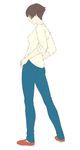  brown_eyes brown_hair from_behind full_body gake_no_ue_no_ponyo jas lisa_(ponyo) loafers long_sleeves looking_away pants shirt shoes sleeves_pushed_up solo white_background 