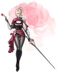  black_legwear black_pants blonde_hair breasts brown_eyes capelet cleavage_cutout flower full_body hair_over_one_eye high_ponytail holding holding_flower holding_sword holding_weapon kyung_han_kim large_breasts lips looking_at_another nose original pants rapier red_flower red_rose rose simple_background single_spaulder solo sword taut_clothes thigh_gap weapon white_background 