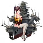  battleship battleship_girl blue_eyes breasts brown_hair covering covering_breasts damaged fusou_(battleship) fusou_(battleship_girl) geta japanese_clothes kimono large_breasts long_hair looking_at_viewer military military_vehicle no_bra no_panties obi open_mouth sash ship side_ponytail sidelocks sitting smoke solo thighhighs ti-tang torn_clothes torn_legwear warship watercraft white_legwear yukata 