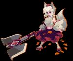  1girl animal_ears commentary_request detached_sleeves geta inubashiri_momiji machi midriff monster_hunter pixel_art pom_pom_(clothes) red_eyes solo touhou white_hair wolf_ears 