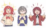  3girls ? bang_dream! bang_dream!_it's_mygo!!!!! black_bow black_bowtie blush bocchi_the_rock! bow bowtie closed_eyes confused drawstring emphasis_lines finger_to_mouth flat_color girls_band_cry green_eyes grey_hair highres hood hoodie iseri_nina jacket kita_ikuyo medium_hair middle_finger multiple_girls open_mouth ow1804 pink_eyes red_hair red_jacket sailor_collar school_uniform shaded_face shirt short_hair side_ponytail simple_background sketch smile sparkle sweatdrop takamatsu_tomori upper_body white_background white_shirt 