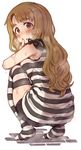  7010 :o bike_shorts breasts brown_eyes brown_hair idolmaster idolmaster_million_live! large_breasts long_hair looking_at_viewer miyao_miya prison_clothes shirt simple_background solo squatting striped striped_legwear striped_shirt sweat thighhighs white_background 