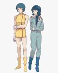  1boy 1girl aeug blue_hair blue_jacket blue_pants blue_shirt commentary_request cosplay costume_switch couple crossdressing crossdressing_(mtf) dress fa_yuiry fa_yuiry_(cosplay) gundam highres jacket kamille_bidan kamille_bidan_(cosplay) kasumi_(skchkko) pants shirt white_background yellow_dress zeta_gundam 