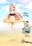  1girl :d admiral_(kantai_collection) barefoot beach bikini black_bikini blonde_hair breasts cleavage cloud cloudy_sky day gradient_hair hair_flaps hair_ornament hair_ribbon hairclip hat highres innertube kantai_collection kuga_zankurou large_breasts long_hair messy_hair multicolored_hair one_eye_closed open_mouth outdoors peaked_cap pink_hair red_eyes remodel_(kantai_collection) ribbon sailor_bikini sailor_collar sandals sky smile solo_focus swimsuit twitter_username yuudachi_(kantai_collection) 