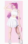  1girl absurdres alternate_costume blue_eyes border breasts commentary elf elysia_(honkai_impact) hand_on_headwear hat highres holding holding_racket honkai_(series) honkai_impact_3rd large_breasts long_hair pink_background pink_hair pointy_ears racket riquoria shoes simple_background solo sportswear tennis_racket tennis_skirt tennis_uniform very_long_hair white_border white_hat white_shoes 