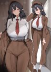  1girl 258n alternate_breast_size_(larger) black_hair breasts brown_hat brown_jacket brown_pants brown_shoes closed_mouth collared_shirt flat_cap hat highres huge_breasts jacket leaning_forward loafers long_sleeves looking_at_viewer missing_wings multiple_views necktie newsboy_cap open_clothes open_jacket open_mouth opened_by_self pants pointy_ears red_eyes red_necktie shameimaru_aya shameimaru_aya_(newsboy) shirt shoes smile socks touhou undressing white_shirt white_socks 
