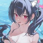  1girl @_@ absurdres animal_ear_fluff animal_ears black_hair blue_archive blush breasts cat_ears cat_girl cleavage collarbone extra_ears fang hair_between_eyes hair_ribbon halo highres large_breasts long_hair looking_at_viewer mii_ee2 nude official_alternate_costume open_mouth partially_submerged red_eyes ribbon serika_(blue_archive) serika_(swimsuit)_(blue_archive) sketch solo twintails upper_body water wet 