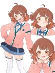  1girl ahoge blush brown_eyes brown_hair cardigan commentary_request gakuen_idolmaster gradient_hair hair_bun hanami_ume hatsuboshi_gakuen_school_uniform highres idolmaster komori_kamome long_sleeves multicolored_hair multiple_views open_mouth ribbon school_uniform shirt simple_background skirt smile solo white_background white_shirt 