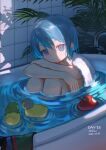 1girl absurdres apple bathing bathtub blue_eyes blue_hair closed_mouth commentary_request dated faucet fern food fruit highres hugging_own_legs in_bathtub kamijou_kyousuke kurokami_nekoya looking_at_viewer mahou_shoujo_madoka_magica mahou_shoujo_madoka_magica_(anime) merfolk mermaid miki_sayaka monster_girl nude oktavia_von_seckendorff partially_submerged pillow rubber_duck shadow shizuki_hitomi short_hair signature sitting solo tile_wall tiles towel towel_around_neck water witch_(madoka_magica) 