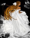  1girl 6+boys bare_shoulders bow braid brown_hair butler camera clothes_pull dark-skinned_female dark_skin dress gilgamesh_(kyou) gloves hair_bow highres kintsugi kyou_(iuciferic) looking_at_viewer multiple_boys nervous original pulling red_eyes scared wedding_dress white_dress 