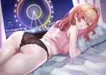  1girl absurdres ahoge ass bed_sheet black_panties blurry blurry_background blush breasts building city_lights clothes_lift commentary cowboy_shot crossed_bangs curtains dhbwinner double-parted_bangs earrings english_commentary ferris_wheel gradient_hair hair_behind_ear hair_between_eyes hair_intakes hair_ornament hairclip head_on_pillow highres hololive hololive_dev_is hugging_object ichijou_ririka ichijou_ririka_(1st_costume) jewelry lace-trimmed_panties lace_trim lips long_hair looking_at_viewer lying median_furrow multicolored_hair night no_pants on_bed on_stomach orange_hair panties parallel_hairclips pillow pillow_hug red_eyes red_hair shirt shirt_lift shirt_rolled_up sidelocks sky sleeveless sleeveless_shirt smile solo star_(sky) starry_sky turning_head underwear virtual_youtuber 