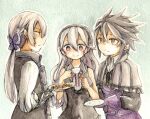  1girl 2boys 7mmnote :3 alternate_costume annoyed bare_shoulders black_shirt bow breasts butler capelet commentary_request cup dwyer_(fire_emblem) female_corrin_(fire_emblem) fire_emblem fire_emblem_fates gloves grey_capelet grey_hair hair_between_eyes hair_bow holding holding_cup holding_plate jakob_(fire_emblem) long_hair long_sleeves looking_at_another low_ponytail medium_breasts multiple_boys painting_(medium) plate ponytail puffy_long_sleeves puffy_sleeves purple_bow purple_gloves shirt simple_background smile traditional_media upper_body very_long_hair watercolor_(medium) 