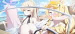  3girls animal_ears ass barefoot bikini black_bikini blonde_hair blue_archive blue_sky breasts brown_eyes brown_hair car cleavage closed_mouth commentary day driving extra_ears fox_ears fox_girl garados_(limmjiiiminnn99) halo highres jacket large_breasts long_hair mika_(blue_archive) mika_(swimsuit)_(blue_archive) motor_vehicle multiple_girls nagisa_(blue_archive) nagisa_(swimsuit)_(blue_archive) official_alternate_costume official_alternate_hairstyle one-piece_swimsuit outdoors pink_hair ponytail seia_(blue_archive) seia_(swimsuit)_(blue_archive) side_ponytail sidelocks sky steering_wheel sunglasses sweat swimsuit tea_party_(blue_archive) unamused v-shaped_eyebrows visor_cap white_one-piece_swimsuit white_wings wings yellow_eyes yellow_jacket yellow_visor_cap 
