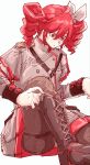  1girl black_boots black_pants boots bow closed_mouth commentary drill_hair epaulettes grey_jacket hair_bow high_collar highres invisible_floor jacket kasane_teto kasane_teto_(sv) knee_up long_sleeves military_uniform oisiiidoo pants red_eyes red_hair red_trim short_hair simple_background sitting sleeve_cuffs solo synthesizer_v twin_drills tying_footwear utau white_background white_bow 