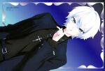  1girl absurdres androgynous animage anime_coloring artist_name belt belt_buckle black_belt black_jacket black_shirt blue_background blue_eyes buckle closed_mouth copyright_name copyright_notice cross cross_necklace dutch_angle finger_to_mouth gradient_background hair_between_eyes highres inset_border jacket jewelry lapels layered_sleeves long_sleeves nail_polish nechika-sama necklace needy_girl_overdose notched_lapels official_art open_clothes open_jacket outside_border salka shirt short_hair shushing smile solo third-party_source upper_body white_hair 