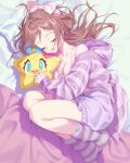  1girl absurdres bed_sheet blush bow breasts brown_hair chobi_(penguin_paradise) cleavage closed_eyes commentary drooling frilled_shorts frills gakuen_idolmaster hair_bow hair_down hair_spread_out hatsumi-chan_(gakuen_idolmaster) highres himesaki_rinami hood hood_down hooded_jacket idolmaster jacket long_hair loose_socks lying medium_breasts midriff_peek mouth_drool no_shoes on_side open_clothes open_jacket open_mouth pillow pink_bow purple_shorts shorts socks solo star_(symbol) striped_clothes striped_jacket striped_socks 