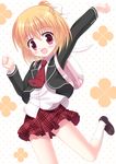  anne_happy backpack bag blonde_hair hanakoizumi_an hinata_keiichi open_mouth pink_eyes school_uniform short_hair skirt smile solo 