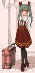  absurdres anchovy arms_behind_back bad_id bad_pixiv_id blush brown_eyes dress drill_hair girls_und_panzer green_hair highres pantyhose ribbon sketch solo suitcase suto_(iamsuto) twintails 