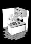  ... 1girl absurdres ahoge black_background blue_archive board_game buttons chair cherino_(blue_archive) cherino_(portrait)_(blue_archive) chess chocolate closed_eyes coffee_pot commentary_request counter cup cupboard double-breasted drinking faux_figurine food general_student_council_president_(blue_archive) greyscale halo highres holding holding_cup imijikumo36 jacket jar kaya_(blue_archive) kettle kitchen monochrome necktie pinky_out playing_chess portrait_(object) sidelocks simple_background sitting solo speech_bubble spoken_ellipsis teacup updo 