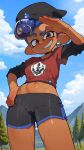  anchor_symbol black_hat black_shorts black_undershirt blue_sky cloud dark-skinned_female dark_skin earrings eyebrow_cut gym_shorts hand_on_own_hip hand_up hat highres jewelry laz_gm looking_at_viewer mountain navel octoling_girl octoling_player_character pompadour red_shirt shirt shorts single_earring sky smile splatoon_(series) tentacle_hair thick_eyebrows tree 