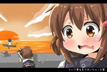  1girl admiral_(kantai_collection) blush boat brown_eyes brown_hair commentary_request hair_ornament hairclip highres ikazuchi_(kantai_collection) japanese_flag kantai_collection lying oar ocean on_stomach open_mouth oshiruko_(uminekotei) reaching_out school_uniform serafuku short_hair skirt sun sunset tears thighhighs translated watercraft waving wavy_mouth 