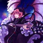  alternate_color animal_ears bird_wings blush choujuu_gigaku dress electric_guitar frills guitar hat instrument long_sleeves looking_at_viewer mob_cap mystia_lorelei open_mouth petticoat pink_eyes pink_hair puffy_sleeves shan short_hair smile solo sparkle touhou upskirt wide_sleeves wings 