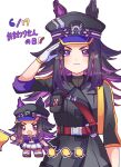  1girl animal_ears bird black_hair black_jacket blush bow bowtie closed_mouth commentary_request duck ears_through_headwear fenomeno_(black_flames_of_the_righteous_spirit)_(umamusume) fenomeno_(umamusume) flag flipped_hair gloves hat highres holding holding_flag horse_ears horse_girl horse_tail horseshoe_hat_ornament horseshoe_ornament jacket long_hair long_sleeves loska multicolored_hair open_mouth peaked_cap purple_bow purple_bowtie purple_eyes purple_hair purple_shirt sailor_collar sailor_shirt salute school_uniform shirt shoes skirt smile summer_uniform tail thighhighs tracen_school_uniform umamusume white_gloves white_sailor_collar white_skirt white_thighhighs 