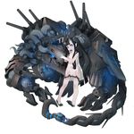  absurdres arimusume bangs battleship_girl black_hair blue_eyes cannon chromatic_aberration dress glowing glowing_eyes highres horns long_hair looking_at_viewer mecha monster original pink_skin pointy_ears see-through solo very_long_hair 