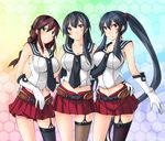  agano_(kantai_collection) asymmetrical_legwear bangs belt black_hair blue_eyes braid breasts brown_hair cleavage garter_straps girl_sandwich gloves green_eyes highres kaminagi_(kaminagi-tei) kantai_collection large_breasts long_hair midriff miniskirt multiple_girls navel necktie noshiro_(kantai_collection) pleated_skirt ponytail red_eyes red_skirt sandwiched school_uniform serafuku sidelocks single_thighhigh skirt smile swept_bangs thighhighs twin_braids white_gloves yahagi_(kantai_collection) 