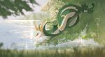  commission day flower grass grass_type_theme_(pokemon) highres in_tree looking_down mountain mountainous_horizon no_humans on_branch outdoors pink_flower pokemon pokemon_(creature) pokemon_focus red_eyes serperior snake sparkle tree twitter_username water woodeert 