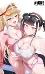  2girls absurdres black_choker black_hair blonde_hair breasts buruma choker clay_(cheer_up_training)_(nikke) clay_(nikke) cleavage commentary copyright_logo eyewear_on_head goddess_of_victory:_nikke hair_intakes highres jacket large_breasts logo long_hair looking_at_viewer midriff multiple_girls navel official_alternate_costume open_mouth pants panty_straps pink_buruma pink_eyes pink_jacket pink_pants revision short_hair smile sora_(nikke) sora_(spring_flight)_(nikke) sports_bra sportswear sunglasses sweat twintails very_long_hair visor_cap white_sports_bra yoga_pants zdj 