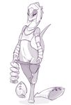  anthro armor bedroom_eyes blush clothing digitigrade ever_oasis eyelashes female half-closed_eyes legwear looking_at_viewer miura nintendo pussy pussy_juice reptile scalie seductive sildre simple_background smile solo tights undressing video_games white_background wide_hips 