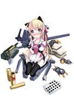  animal_ears apron black_legwear blonde_hair blush cat_ears chocolate cream hair_ribbon highres iron_cross long_hair looking_at_viewer mecha_musume original personification purple_eyes ribbon shell_casing sitting solo thighhighs valentine very_long_hair wariza zeco 