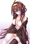  ahoge bandages bare_shoulders blush breasts brown_hair cleavage hair_bun hairband highres kantai_collection kongou_(kantai_collection) large_breasts long_hair looking_at_viewer nipples no_bra no_panties open_mouth purple_eyes pussy simple_background solo uncensored very_long_hair white_background yoye_(pastel_white) 