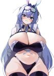  1girl :3 absurdres animal_ears azur_lane blue_eyes blue_hair blue_panties blue_shrug breasts cleavage commentary_request eyewear_on_head fake_animal_ears goggles goggles_on_head gradient-tinted_eyewear hair_intakes highres huge_breasts looking_at_viewer marumai navel necktie new_jersey_(azur_lane) new_jersey_(black_blur_prelude)_(azur_lane) official_alternate_costume panties race_queen short_necktie shrug_(clothing) smile solo tinted_eyewear underwear white_background 