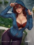  1girl artist_name blue_eyes blue_hoodie blue_jacket bra breasts brown_hair cleavage collarbone commentary cowboy_shot earrings english_commentary hood hood_up hooded_jacket hoodie jacket jewelry large_breasts lips long_hair looking_at_viewer open_clothes original pants parted_lips patreon_username purple_pants red_bra red_hair ring shurakrgt solo standing tight_clothes tight_pants underwear web_address yoga_pants 