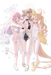  >_< 3girls angel_wings animal_ears aviator_sunglasses black_one-piece_swimsuit blonde_hair blue_archive breasts brown-tinted_eyewear brown_hair bubble cleavage commentary covered_navel cross_halo feathered_wings fox_ears full_body gradient_halo halo highres kurumi_lm large_breasts long_hair low_wings medium_breasts mika_(blue_archive) mika_(swimsuit)_(blue_archive) multicolored_halo multiple_girls nagisa_(blue_archive) nagisa_(swimsuit)_(blue_archive) navel official_alternate_costume one-piece_swimsuit pink_hair pink_halo ponytail sandals seia_(blue_archive) seia_(swimsuit)_(blue_archive) small_breasts smile stomach sunglasses swimsuit tea_party_(blue_archive) tinted_eyewear white_background white_one-piece_swimsuit white_wings wings yellow_halo 