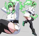  1girl arms_behind_head ass boku_no_hero_academia breasts burnin_(boku_no_hero_academia) buttons double-breasted dress eye_mask fiery_hair fire garter_straps green_fire green_hair hair_between_eyes highres large_breasts mask multiple_views nasu_(ilo_a5) open_mouth ponytail pyrokinesis sitting thighhighs yellow_eyes 