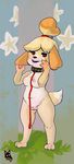  &lt;3 &lt;3_eyes animal_crossing blonde_hair blush breasts canine collar cute dog female fur hair isabelle_(animal_crossing) leash mammal newd nintendo nipples pussy simple_background slightly_chubby smile solo star video_games yellow_fur 