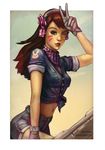  andrew_tran animal_print artist_name artstation_sample bow breasts brown_hair bunny bunny_print buttons commentary crop_top d.va_(overwatch) denim denim_dress denim_shorts gloves hair_bow hand_to_head highres image_sample long_hair looking_at_viewer medium_breasts midriff navel one_eye_closed overwatch parted_lips polka_dot polka_dot_bow shorts sleeves_rolled_up solo v watermark web_address whisker_markings white_gloves 