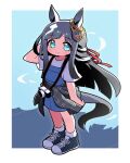  1girl absurdres animal_ears blue_eyes blue_overalls blunt_bangs blush breasts camera camera_around_neck chrono_genesis_(umamusume) closed_mouth commentary_request grey_hair hair_between_eyes hair_ornament highres horse_ears horse_girl horse_tail jorang_(jorang08) korean_commentary looking_at_viewer overall_shorts overalls shirt shoes short_sleeves small_breasts smile socks tail umamusume white_shirt white_socks 
